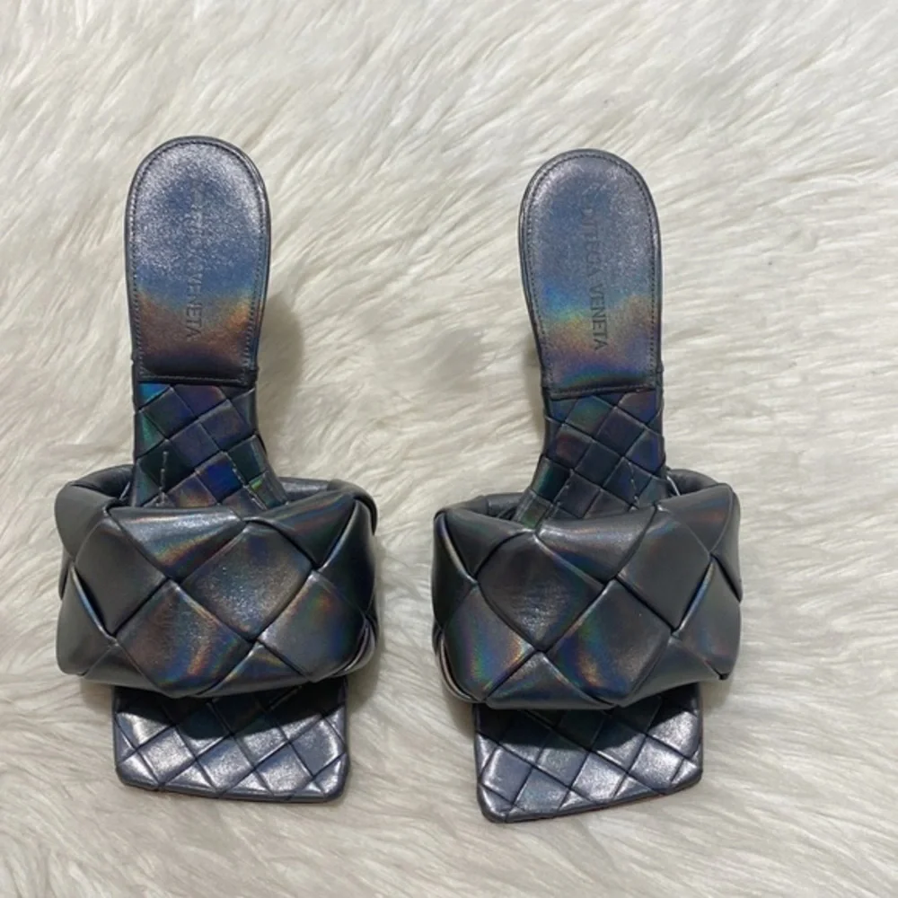New Bottega Veneta Lido woven high‎ heel slide sandal size 37EU